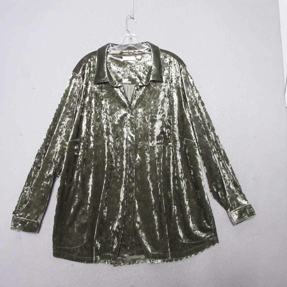 Belle by Kim Gravel Top 3X Crushed Velvet Green Button Up Luxe Festive Timeless